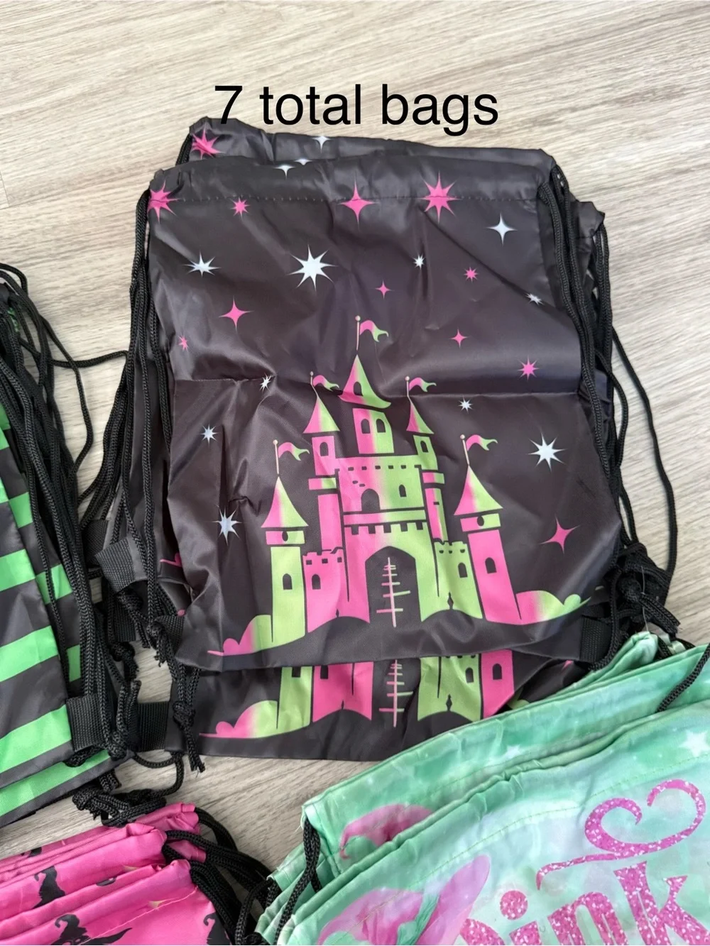 Amazon Essentials Pink and Green Kids Drawstring Backpacks - 6 Pack